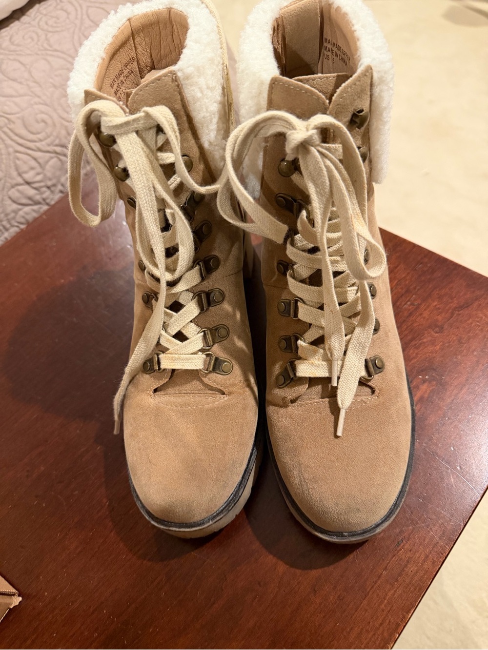 Cozy Tan Suede Lace-Up Sherpa Ankle Boots